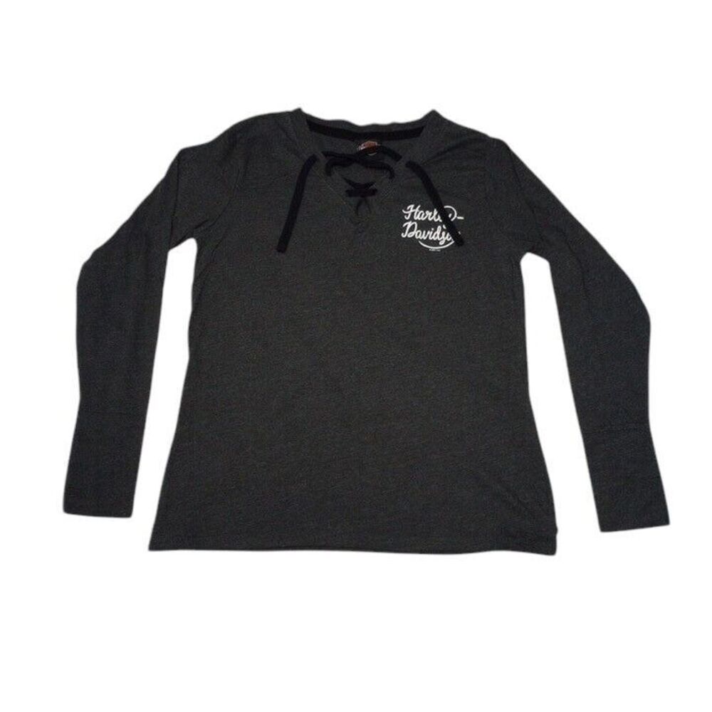 Harley Davidson Ladies Large Shirt Solid Gray Lace Up Collar Newnan GA